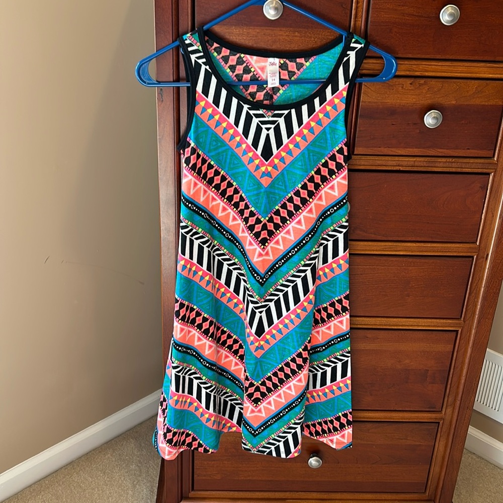 Justice sleeveless dress, sz 14, drawstring tie in back, blue, green, neon pink